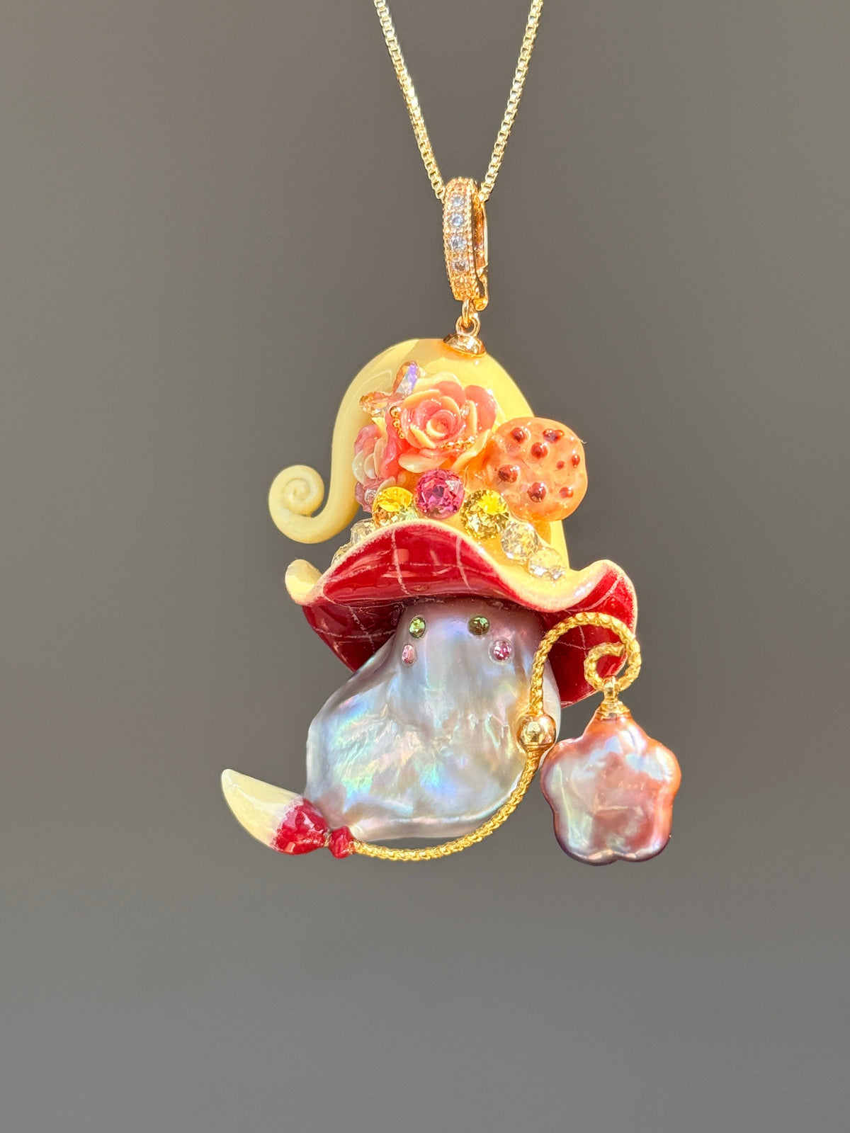 [PIECE01] Cookie Sprite baroque pearl necklace with cookie-inspired hat, sculpted cookie detail, pastel floral accents, sparkling stones, silver wand, and natural baroque pearl