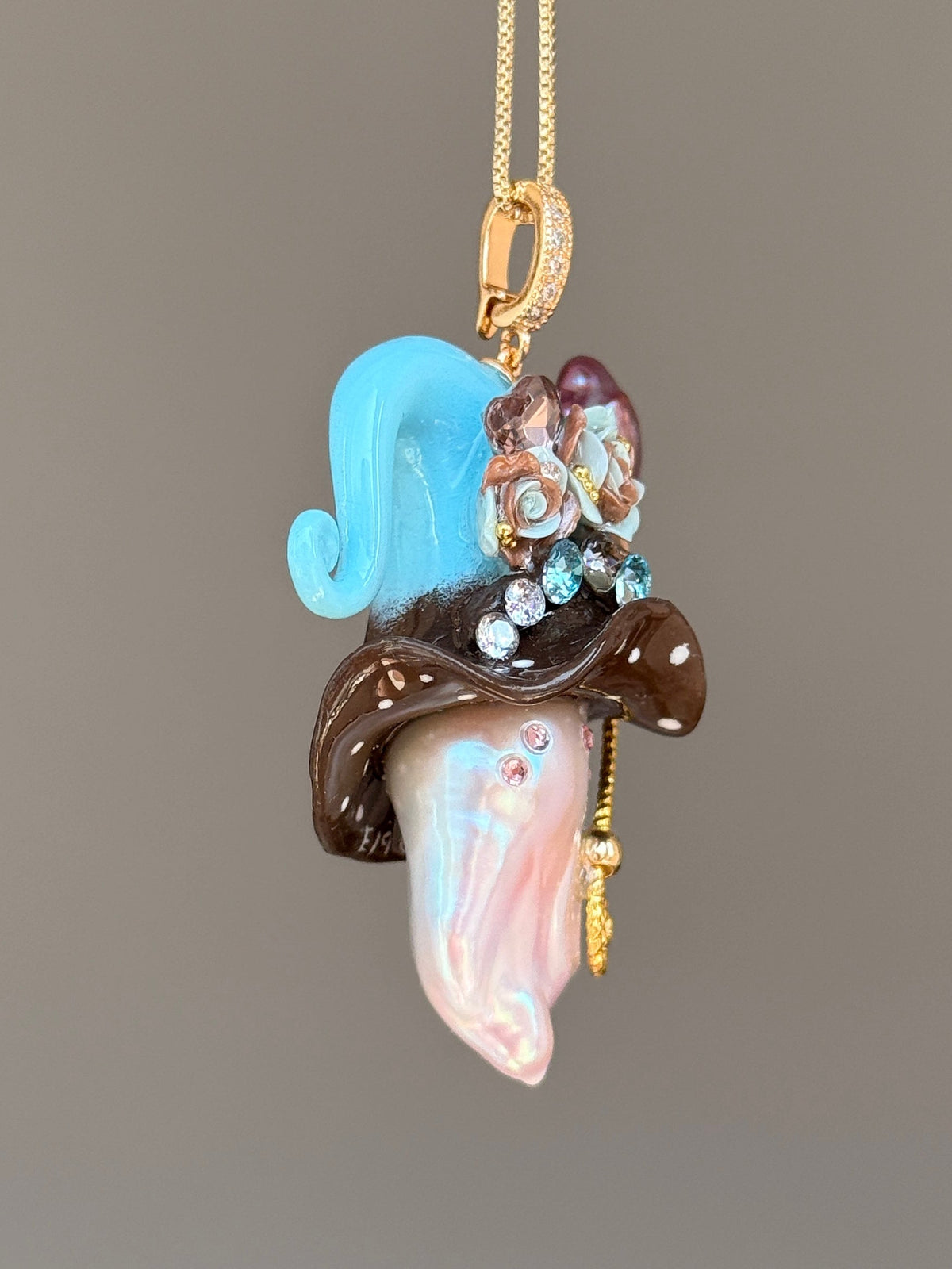 [PIECE03] Cookie Sprite baroque pearl necklace with cookie-inspired hat, sculpted cookie detail, pastel floral accents, sparkling stones, silver wand, and natural baroque pearl