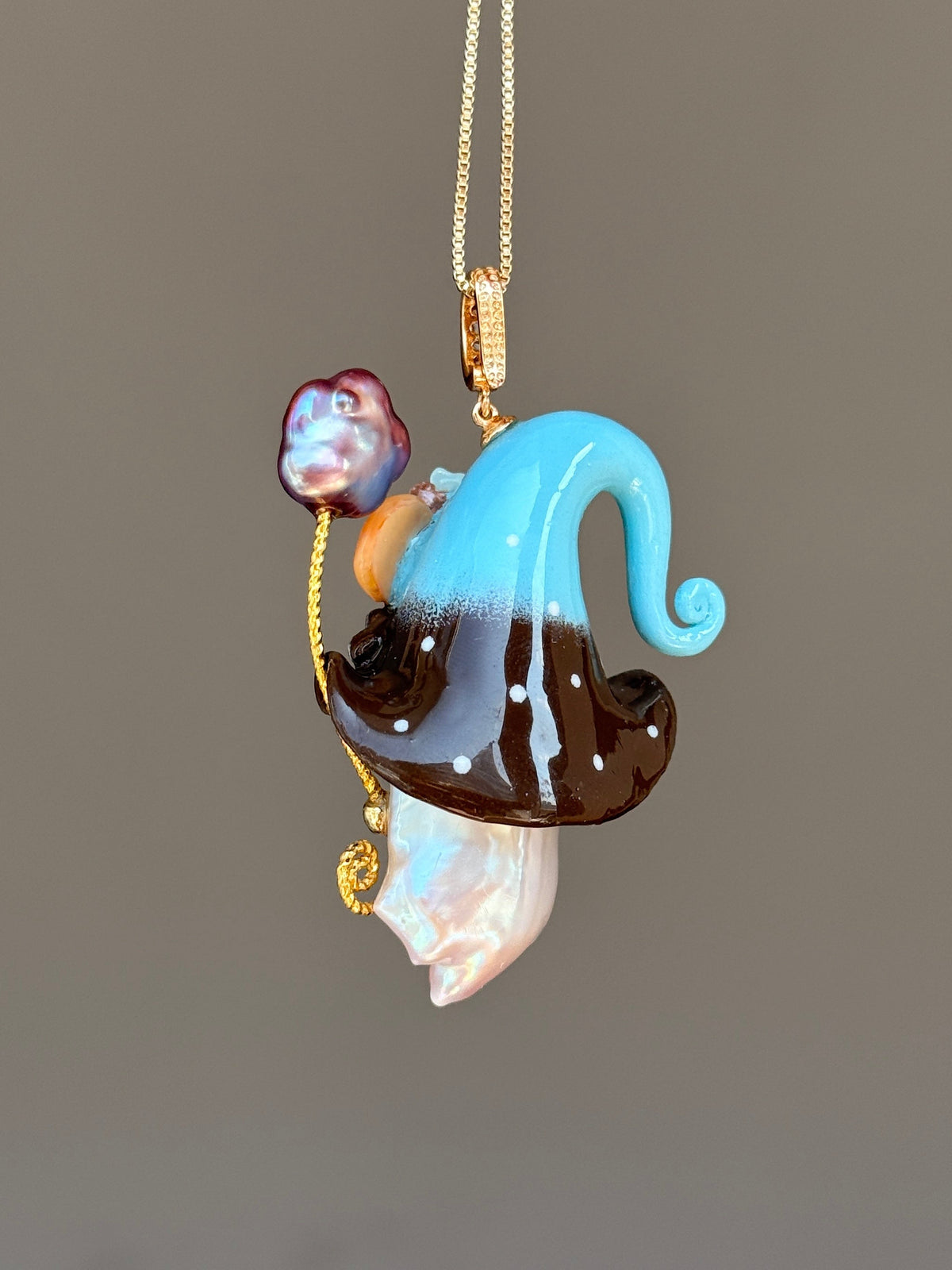 [PIECE03] Cookie Sprite baroque pearl necklace with cookie-inspired hat, sculpted cookie detail, pastel floral accents, sparkling stones, silver wand, and natural baroque pearl