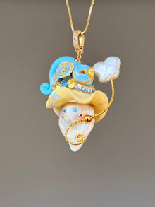 [PIECE02] Donut Dream Sprite baroque pearl necklace with donut-inspired hat, sculpted frosted donut, pastel floral accents, sparkling stones, whimsical candy-colored details, and natural baroque pearl