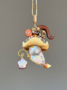 [PIECE08] Bakery Sprite baroque pearl necklace with artisan roll-inspired hat, sculpted bread detail, floral accents, gold wand, and natural baroque pearl
