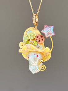 [PIECE02] Cookie Sprite baroque pearl necklace with cookie-inspired hat, sculpted cookie detail, pastel floral accents, sparkling stones, silver wand, and natural baroque pearl