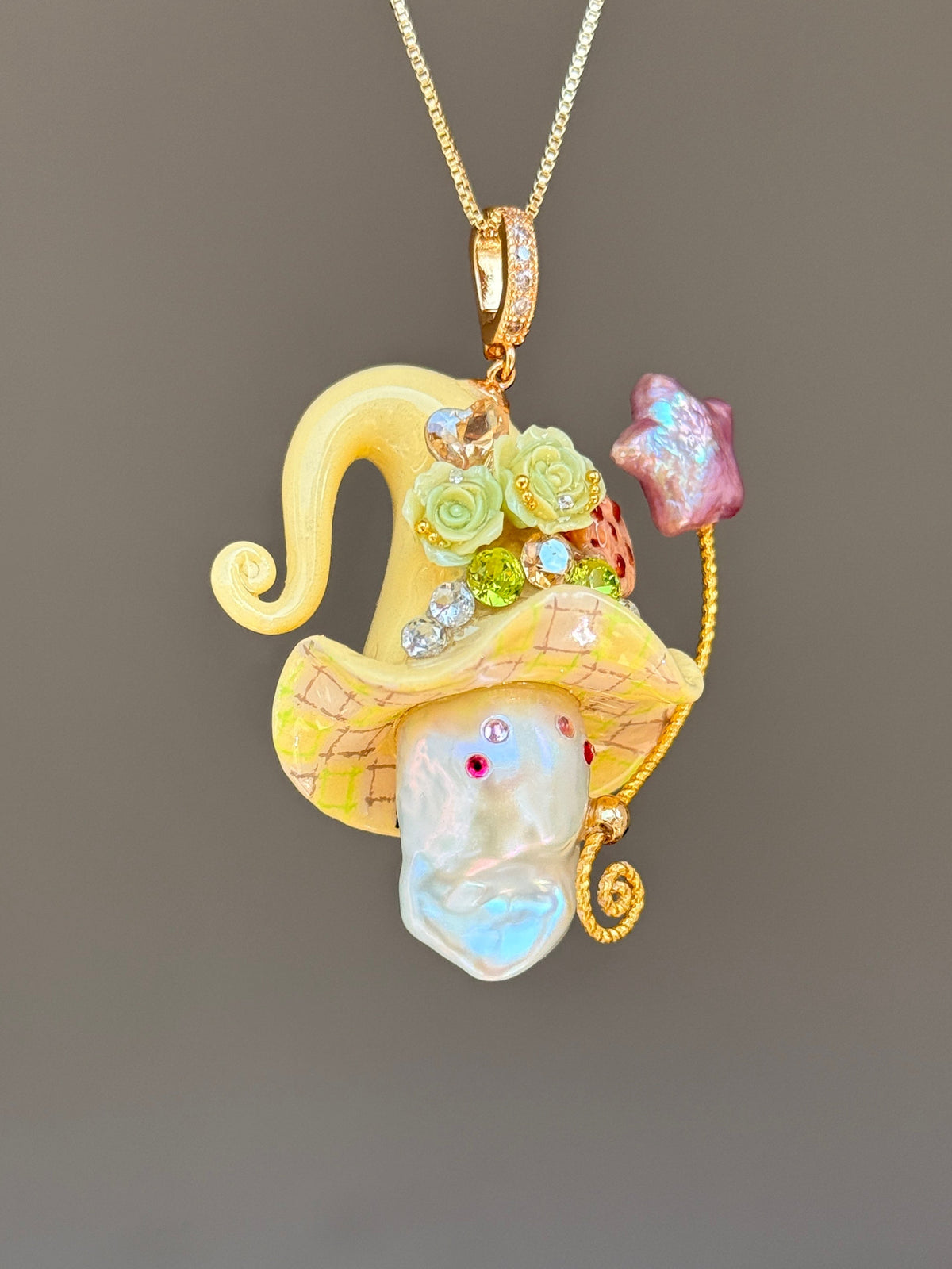 [PIECE02] Cookie Sprite baroque pearl necklace with cookie-inspired hat, sculpted cookie detail, pastel floral accents, sparkling stones, silver wand, and natural baroque pearl