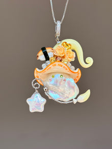 [PIECE04] Sushi Sprite baroque pearl necklace with sushi-inspired hat, sculpted sushi detail, blue floral accents, sparkling stones, dangling charm, and natural baroque pearl