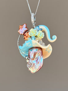 [PIECE05] Cookie Sprite baroque pearl necklace with cookie-inspired hat, sculpted cookie detail, pastel floral accents, sparkling stones, silver wand, and natural baroque pearl