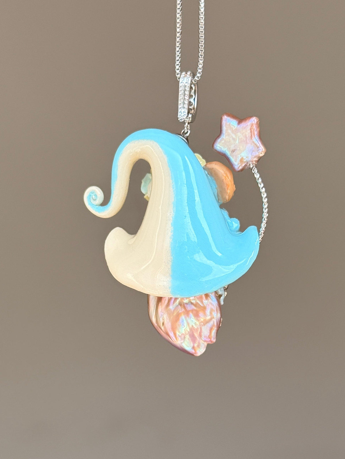 [PIECE05] Cookie Sprite baroque pearl necklace with cookie-inspired hat, sculpted cookie detail, pastel floral accents, sparkling stones, silver wand, and natural baroque pearl