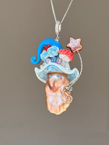 [PIECE01] Sushi Sprite baroque pearl necklace with sushi-inspired hat, sculpted sushi detail, blue floral accents, sparkling stones, dangling charm, and natural baroque pearl