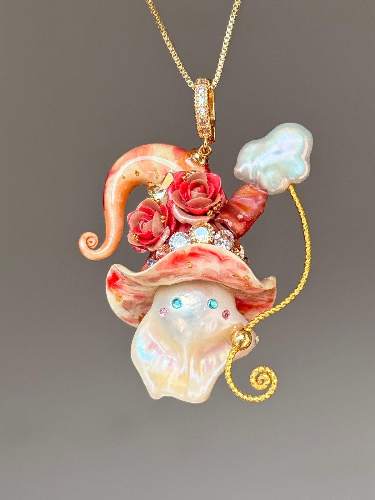 [PIECE03] Bacon Sprite baroque pearl necklace with bacon-inspired hat, sculpted bacon detail, floral accents, sparkling stones, gold wand, and natural baroque pearl