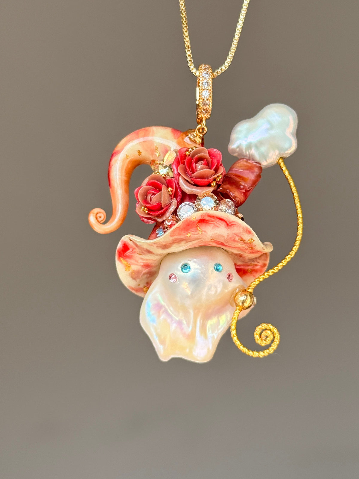 [PIECE03] Bacon Sprite baroque pearl necklace with bacon-inspired hat, sculpted bacon detail, floral accents, sparkling stones, gold wand, and natural baroque pearl