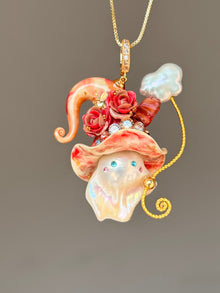 [PIECE03] Bacon Sprite baroque pearl necklace with bacon-inspired hat, sculpted bacon detail, floral accents, sparkling stones, gold wand, and natural baroque pearl