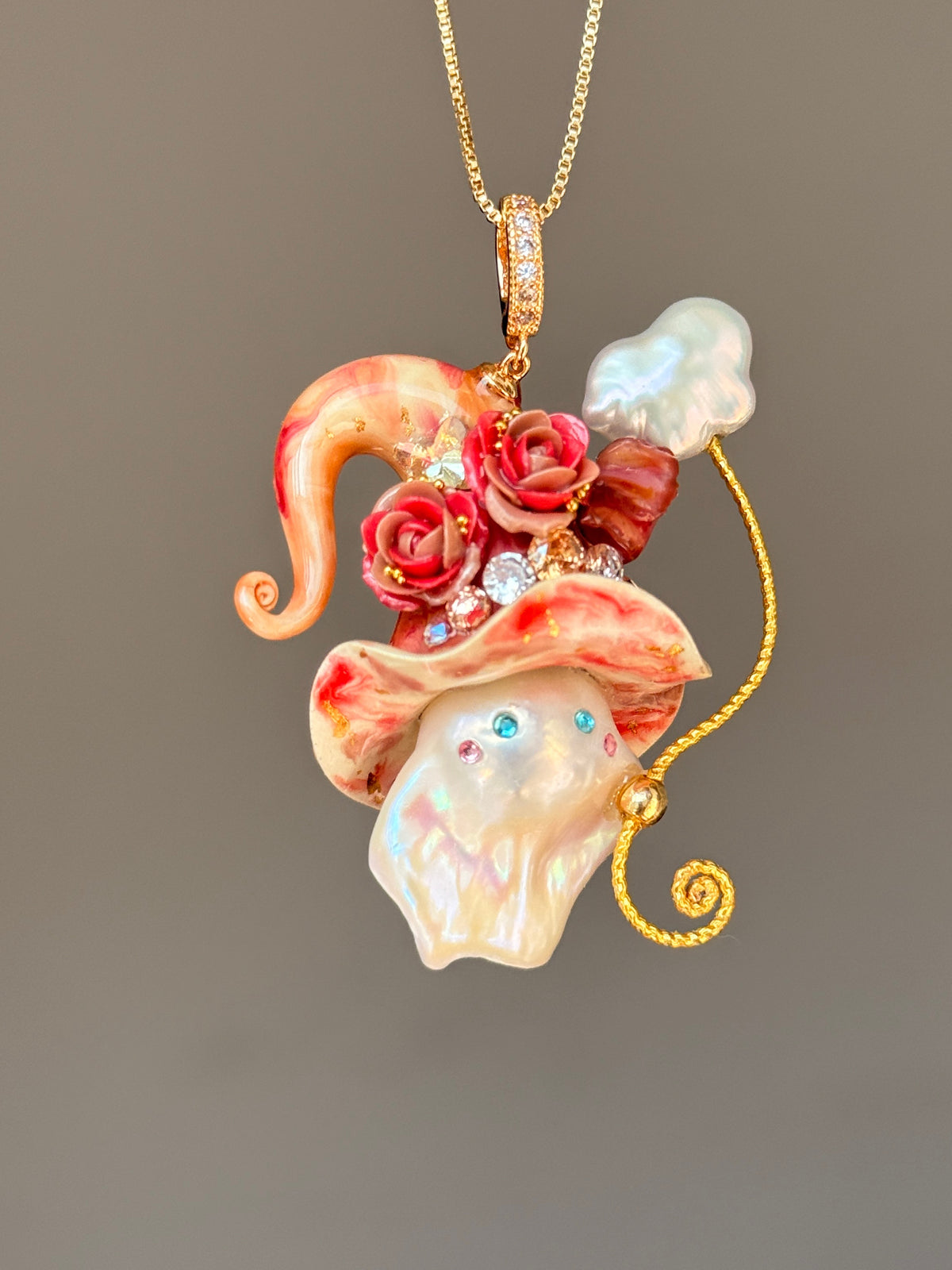 [PIECE03] Bacon Sprite baroque pearl necklace with bacon-inspired hat, sculpted bacon detail, floral accents, sparkling stones, gold wand, and natural baroque pearl