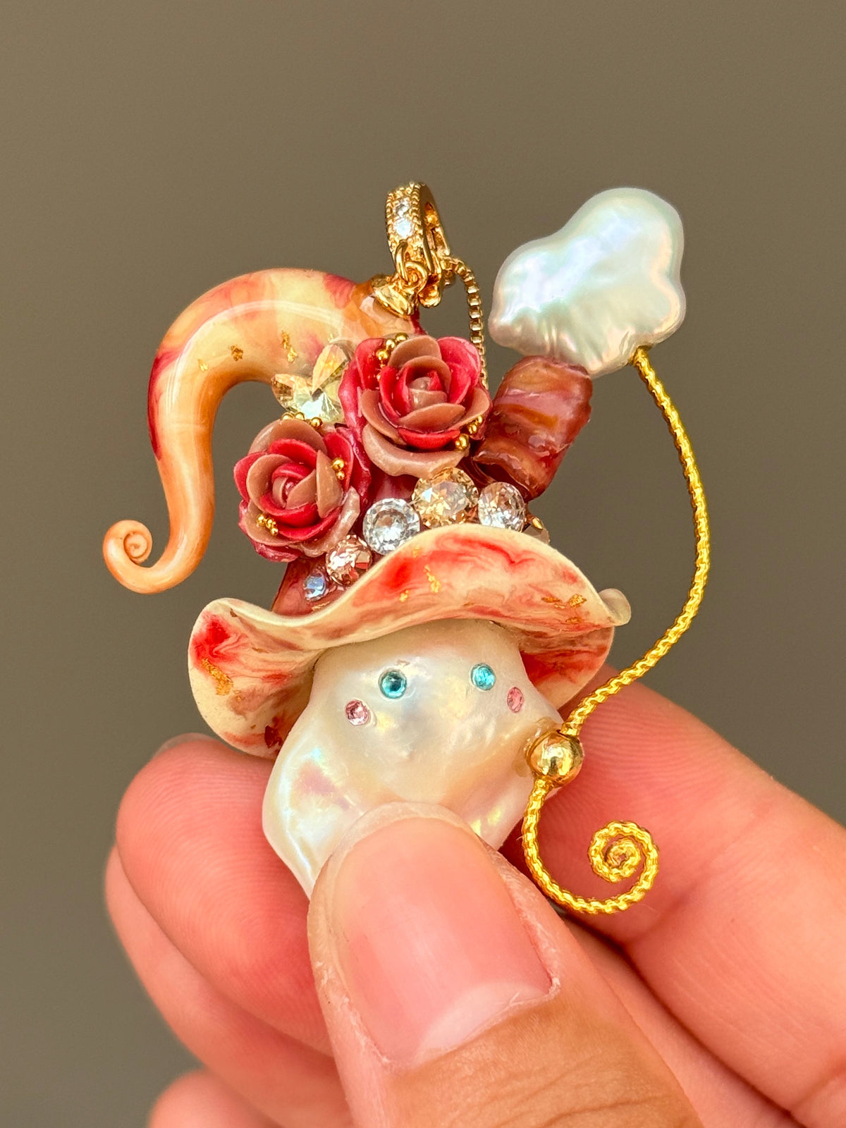 [PIECE03] Bacon Sprite baroque pearl necklace with bacon-inspired hat, sculpted bacon detail, floral accents, sparkling stones, gold wand, and natural baroque pearl