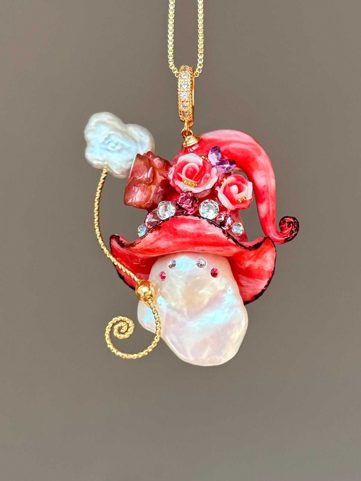 [PIECE01] Bacon Sprite baroque pearl necklace with bacon-inspired hat, sculpted bacon detail, floral accents, sparkling stones, gold wand, and natural baroque pearl