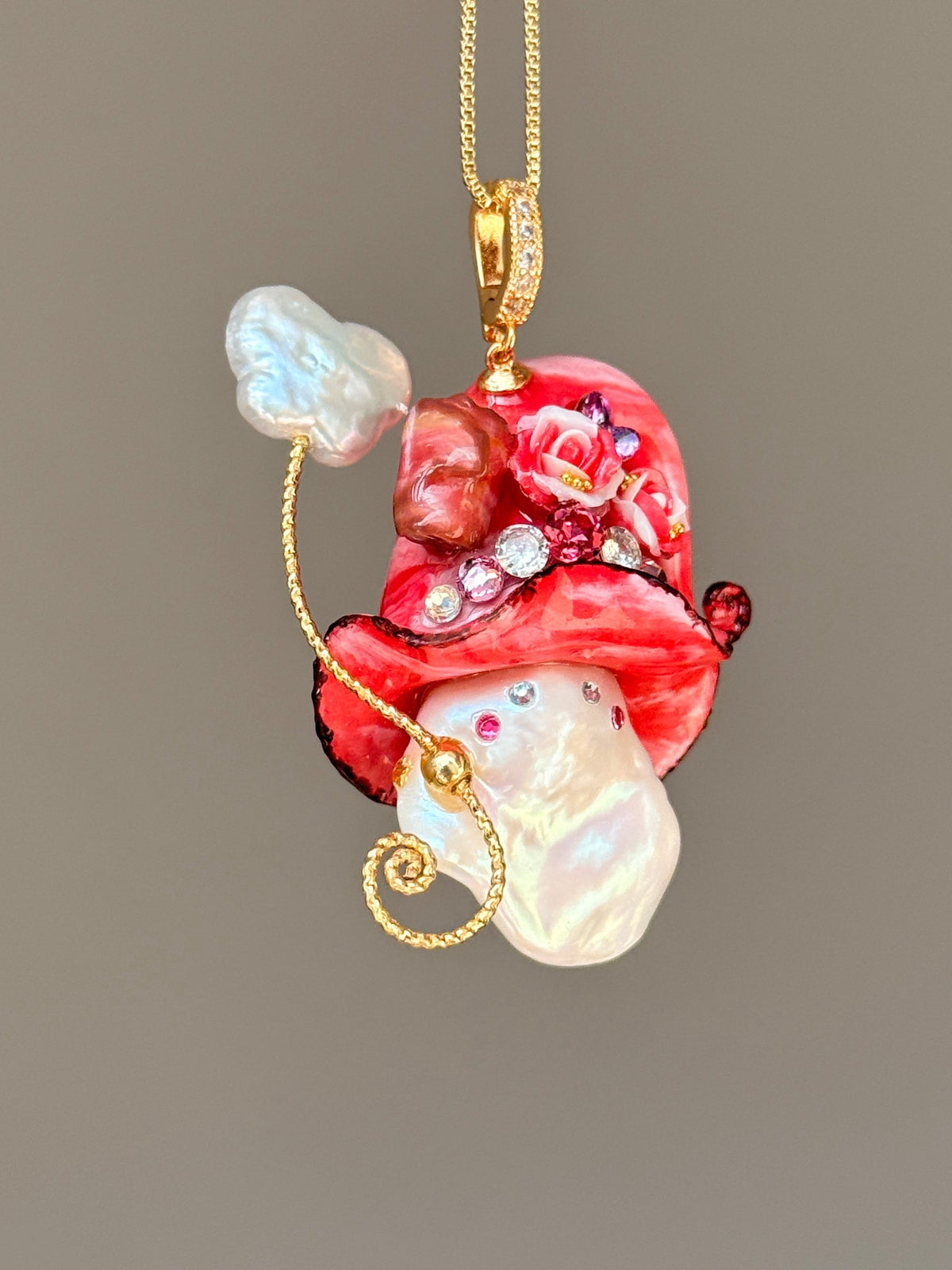 [PIECE01] Bacon Sprite baroque pearl necklace with bacon-inspired hat, sculpted bacon detail, floral accents, sparkling stones, gold wand, and natural baroque pearl