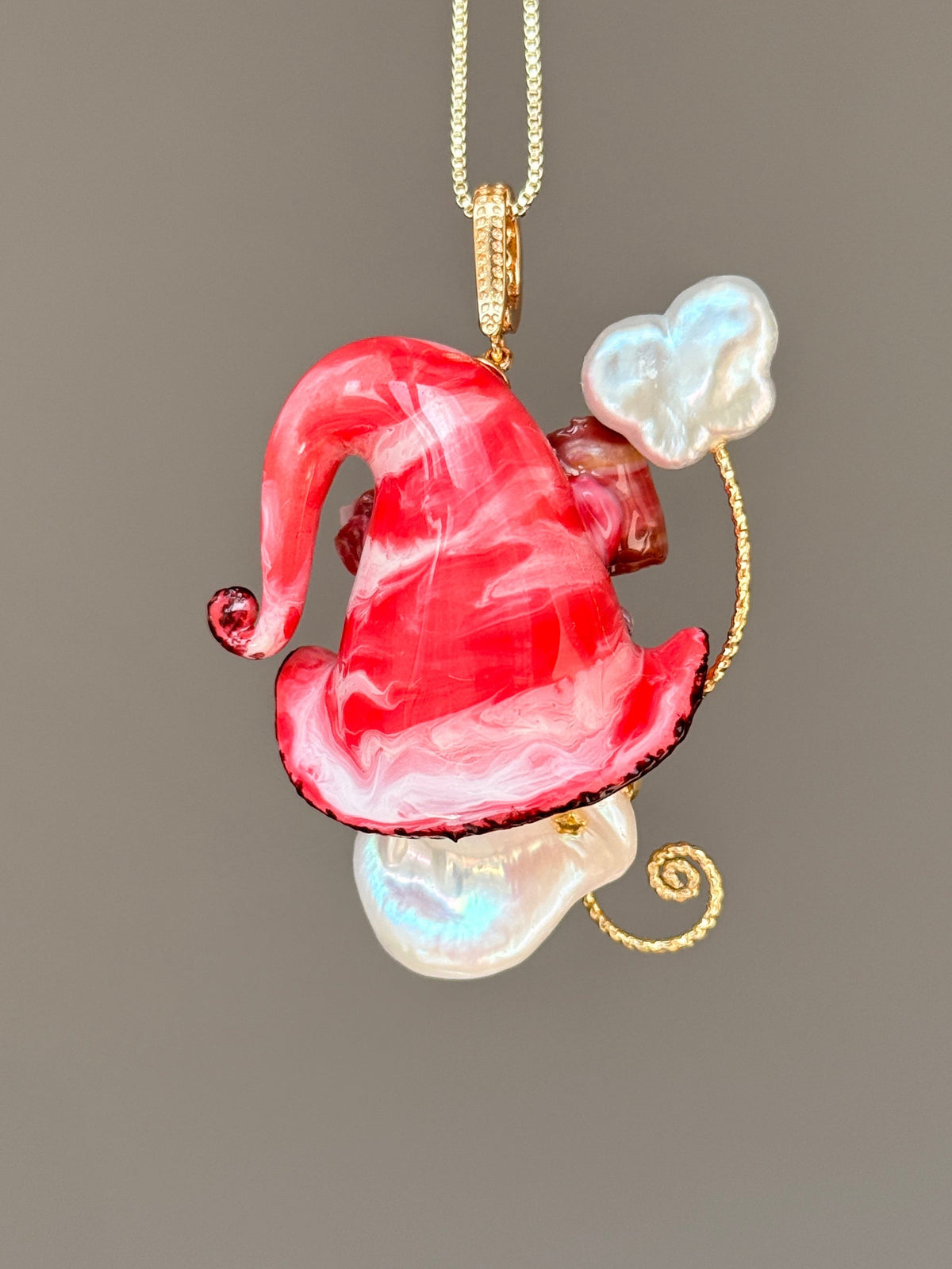 [PIECE01] Bacon Sprite baroque pearl necklace with bacon-inspired hat, sculpted bacon detail, floral accents, sparkling stones, gold wand, and natural baroque pearl