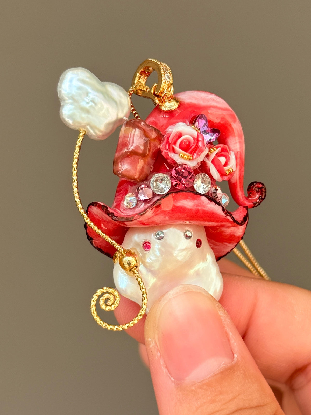 [PIECE01] Bacon Sprite baroque pearl necklace with bacon-inspired hat, sculpted bacon detail, floral accents, sparkling stones, gold wand, and natural baroque pearl