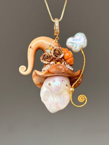 [PIECE04] Bakery Sprite baroque pearl necklace with peach croissant-inspired hat, sculpted croissant detail, brown floral accents, gold wand, and natural baroque pearl