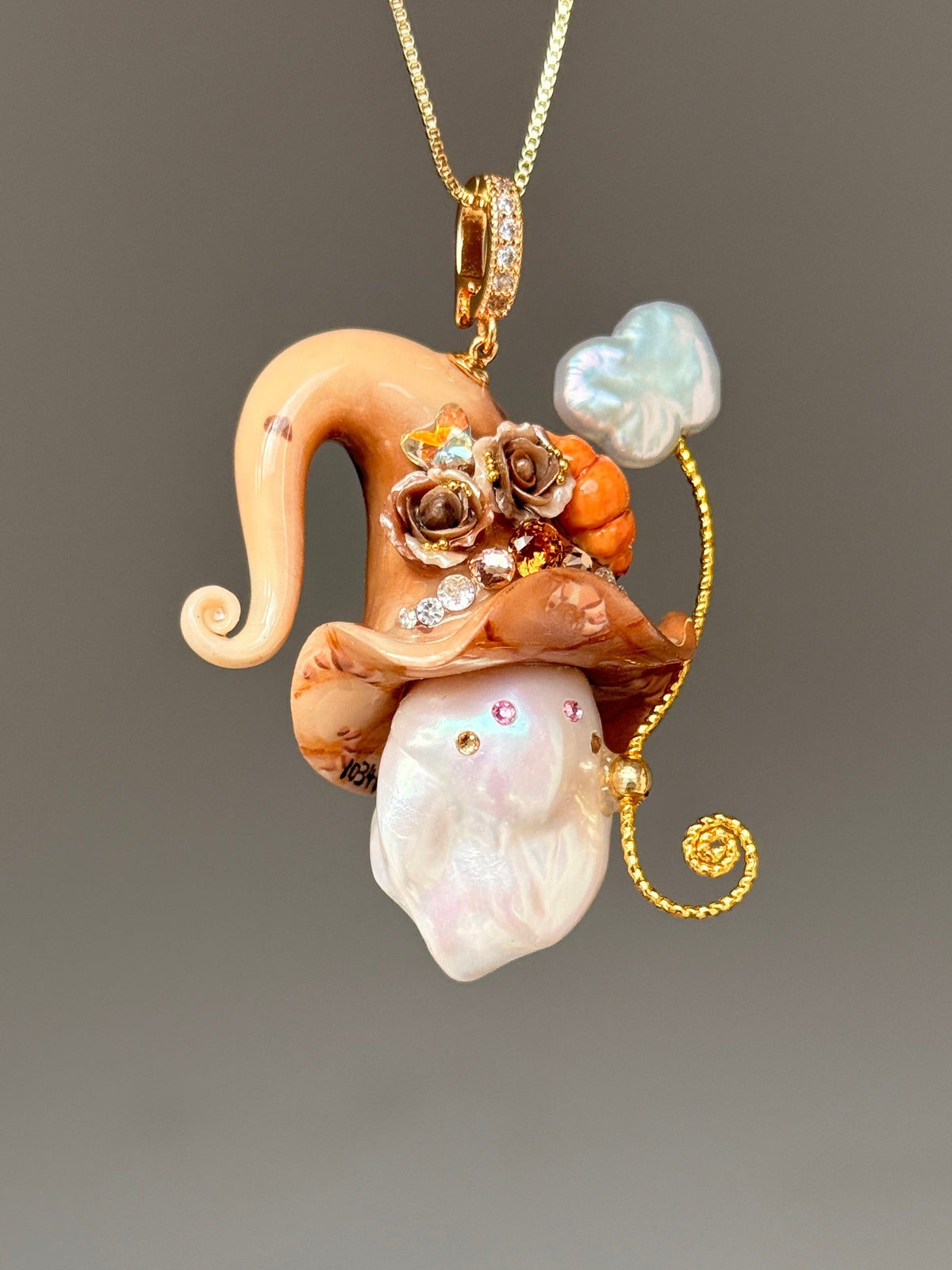 [PIECE04] Bakery Sprite baroque pearl necklace with peach croissant-inspired hat, sculpted croissant detail, brown floral accents, gold wand, and natural baroque pearl