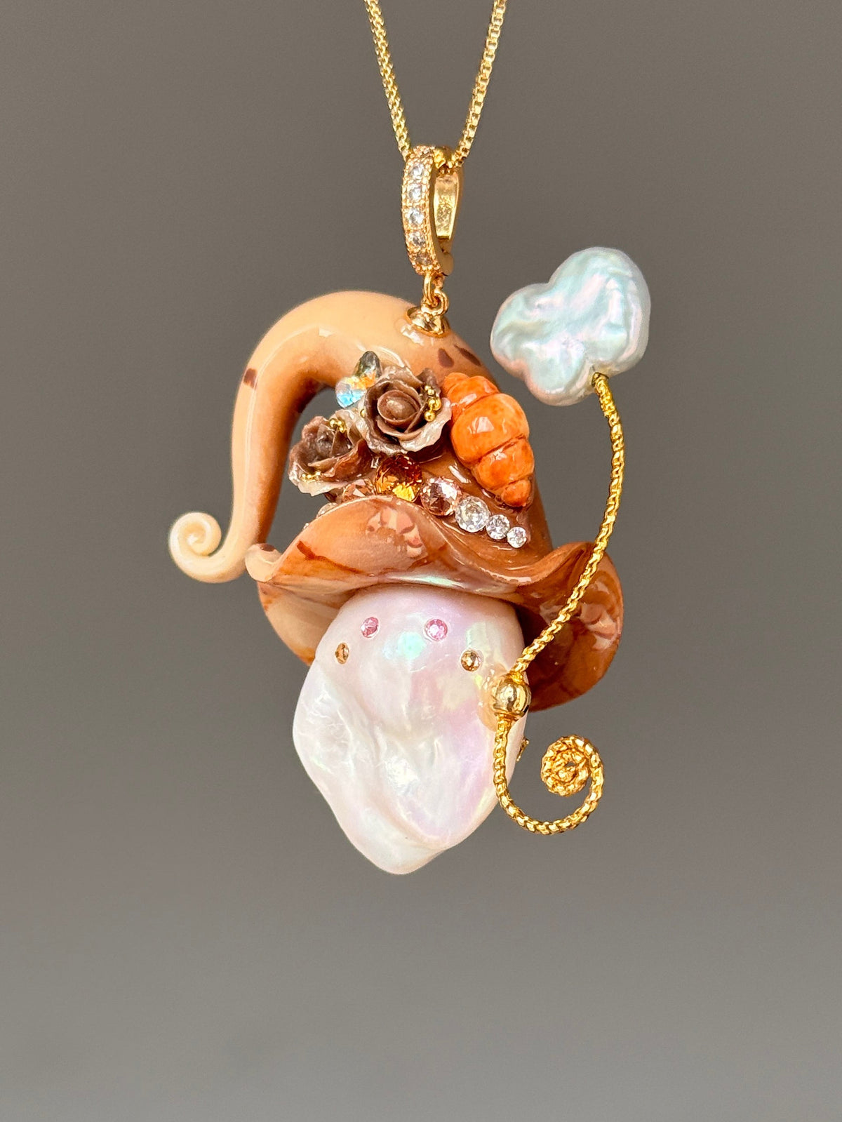 [PIECE04] Bakery Sprite baroque pearl necklace with peach croissant-inspired hat, sculpted croissant detail, brown floral accents, gold wand, and natural baroque pearl