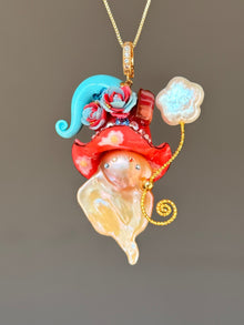 [PIECE02] Bacon Sprite baroque pearl necklace with bacon-inspired hat, sculpted bacon detail, floral accents, sparkling stones, gold wand, and natural baroque pearl