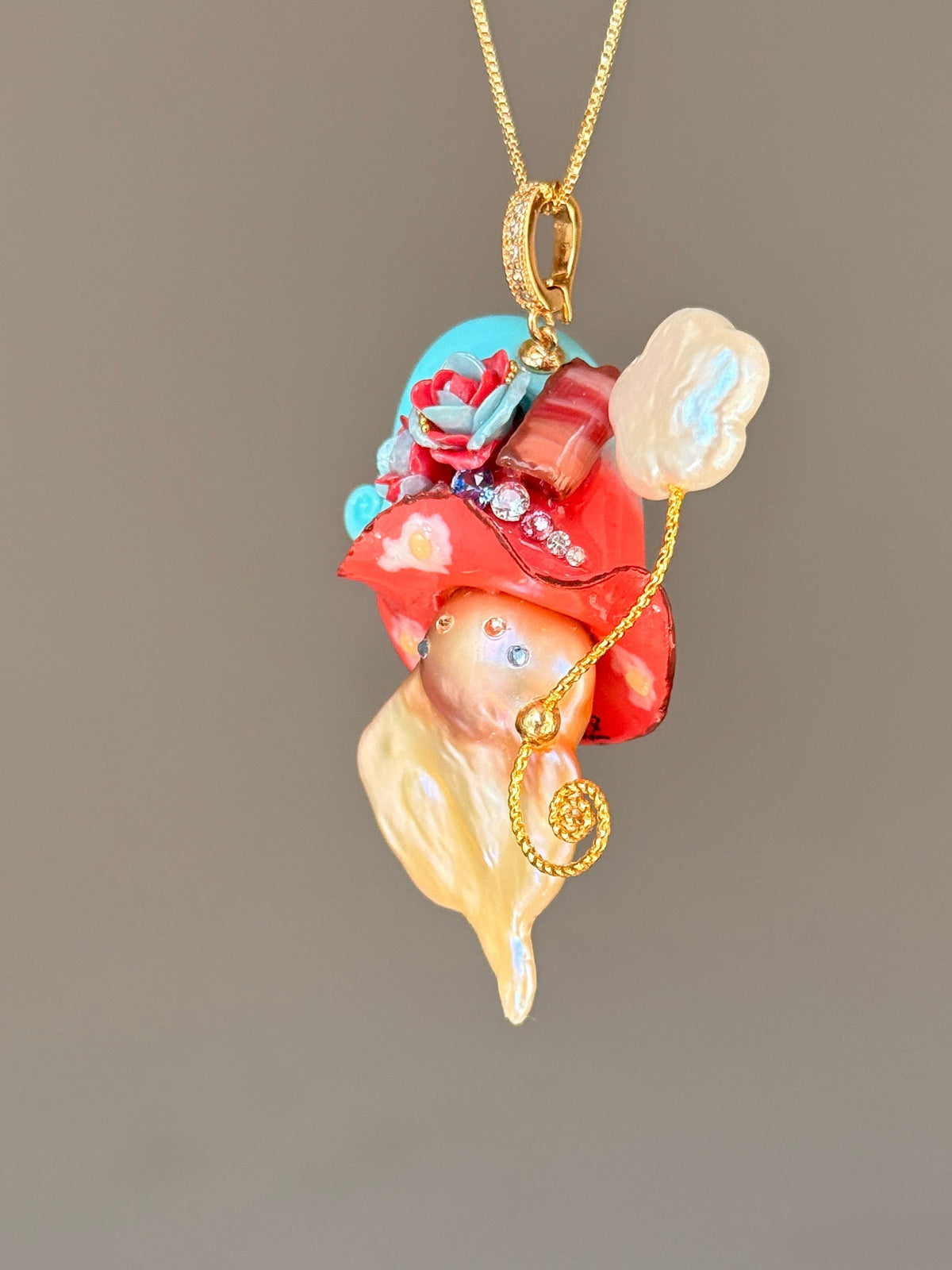 [PIECE02] Bacon Sprite baroque pearl necklace with bacon-inspired hat, sculpted bacon detail, floral accents, sparkling stones, gold wand, and natural baroque pearl