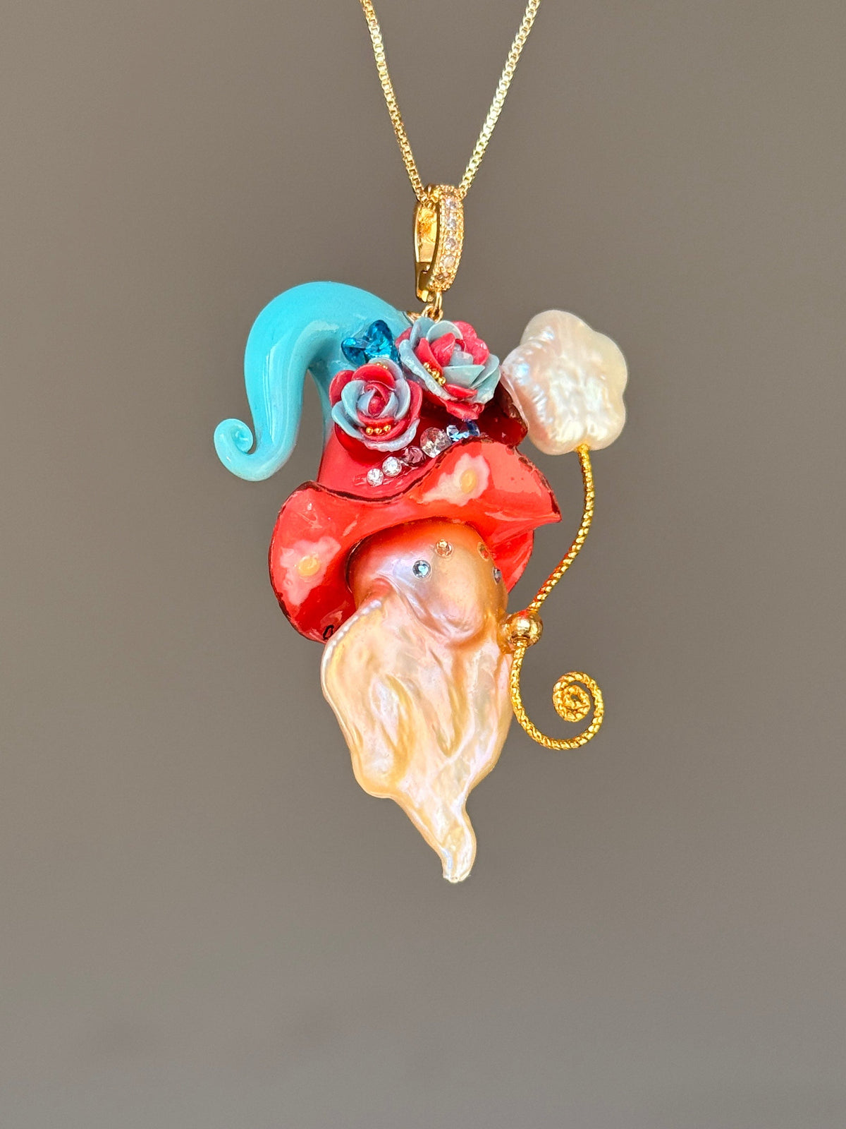 [PIECE02] Bacon Sprite baroque pearl necklace with bacon-inspired hat, sculpted bacon detail, floral accents, sparkling stones, gold wand, and natural baroque pearl