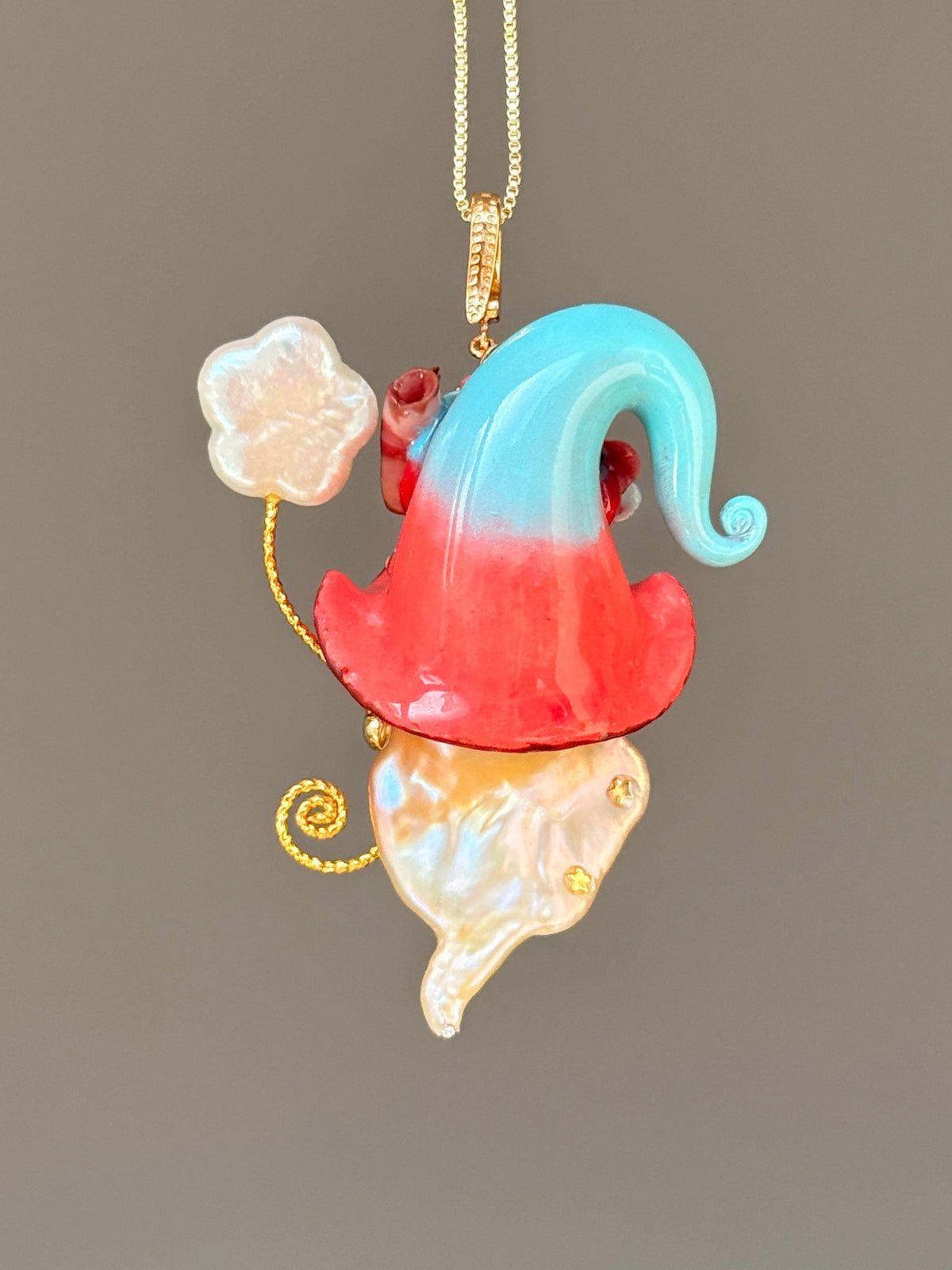 [PIECE02] Bacon Sprite baroque pearl necklace with bacon-inspired hat, sculpted bacon detail, floral accents, sparkling stones, gold wand, and natural baroque pearl