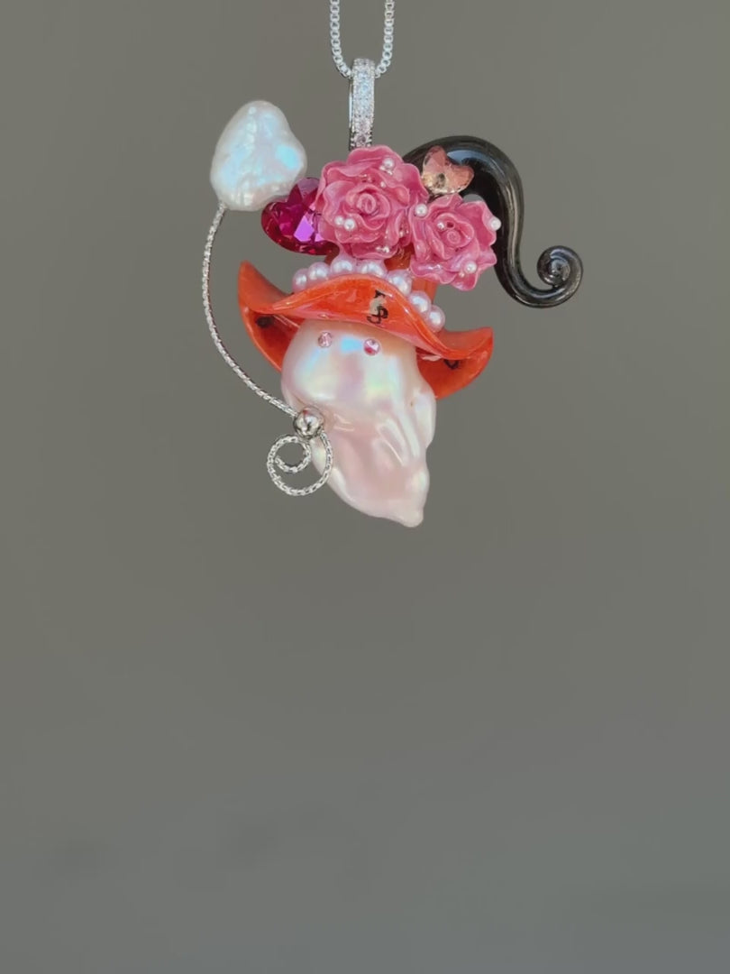PIECE03 Crimson Riff Sprite baroque pearl necklace with red music-note hat, black roses and guitar-inspired details