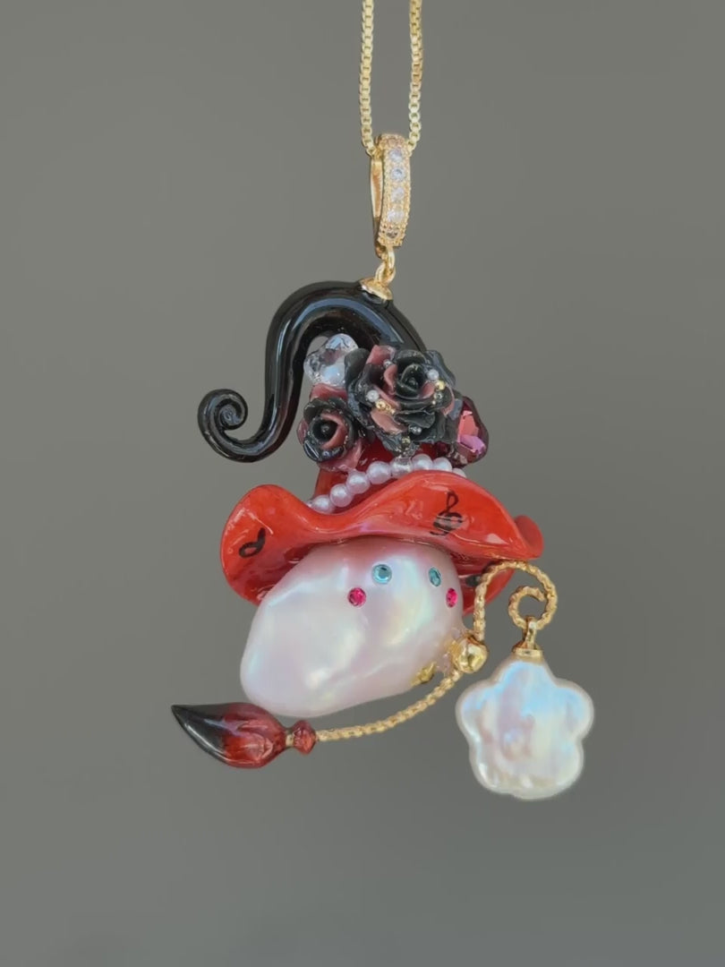 PIECE02 Crimson Riff Sprite baroque pearl necklace with red music-note hat, black roses and guitar-inspired details