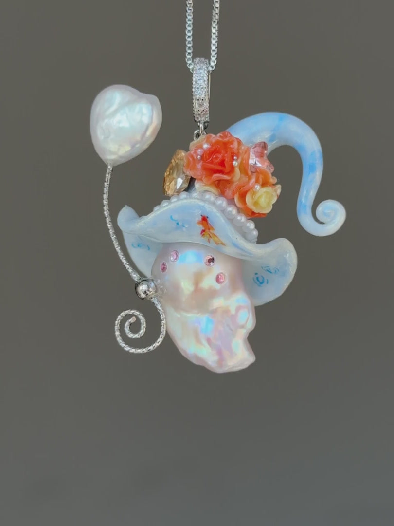 PIECE01 Pondlight Goldfish Sprite baroque pearl necklace with sky-blue hat, coral floral details and hand-painted goldfish accents