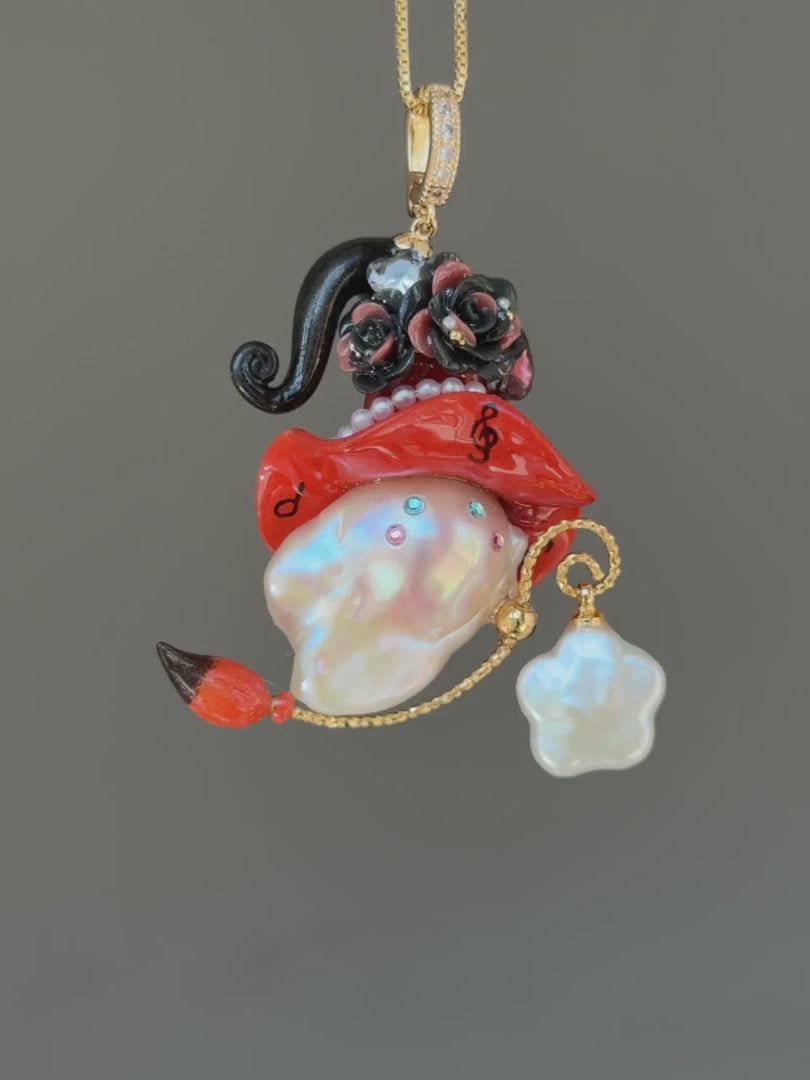 PIECE01 Crimson Riff Sprite baroque pearl necklace with red music-note hat, black roses and guitar-inspired back detail