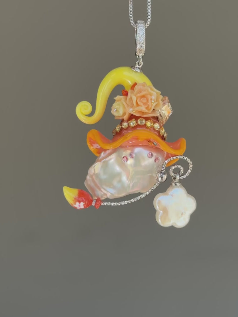 [PIECE01] Honeybee baroque pearl necklace with orange floral hat, video