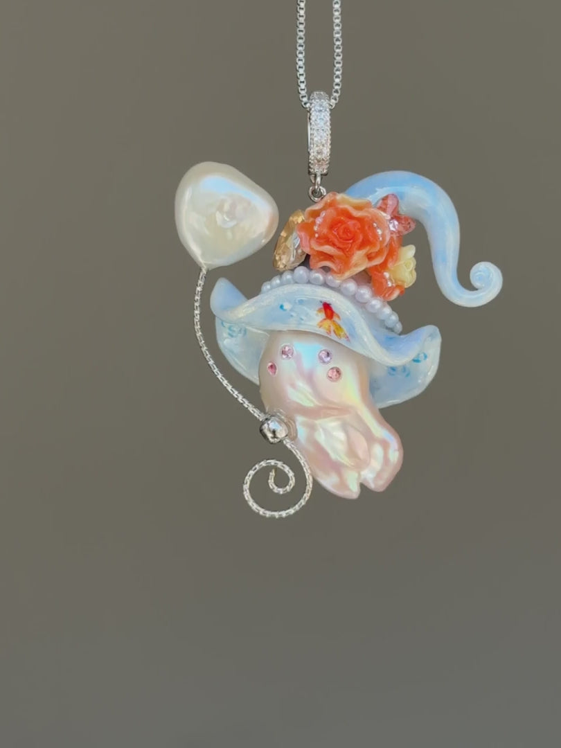 PIECE02 Pondlight Goldfish Sprite baroque pearl necklace with sky-blue hat, coral floral details and hand-painted goldfish accents